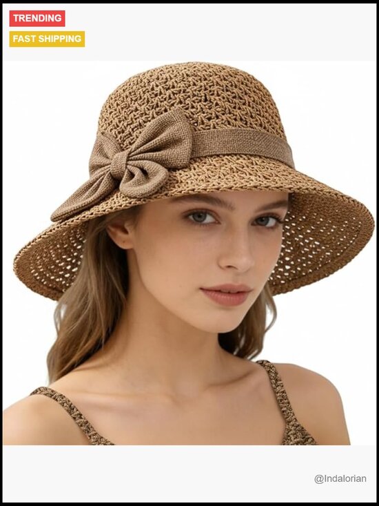 Woven Straw Sun Hat with Bow, Wide Brim Foldable Crochet Beach Hat, Breathable